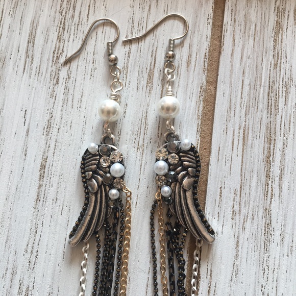 Silver Angel Wing and Shell Earrings - Picture 2 of 3